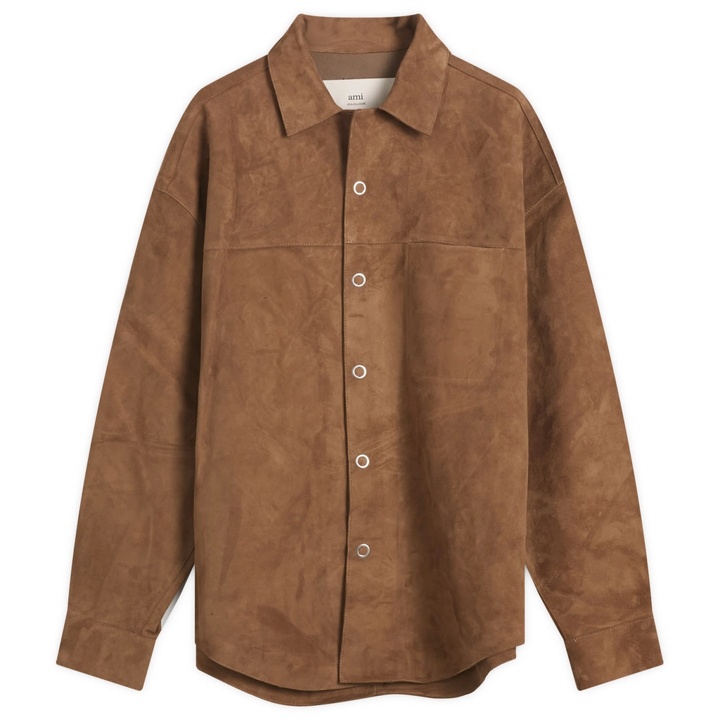 AMI Paris Men's Goat Suede Leather Shirt Jacket Noisette